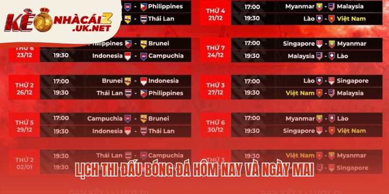 Lịch thi đấu hôm nay cung cấp giờ Việt Nam và kênh xem trực tiếp